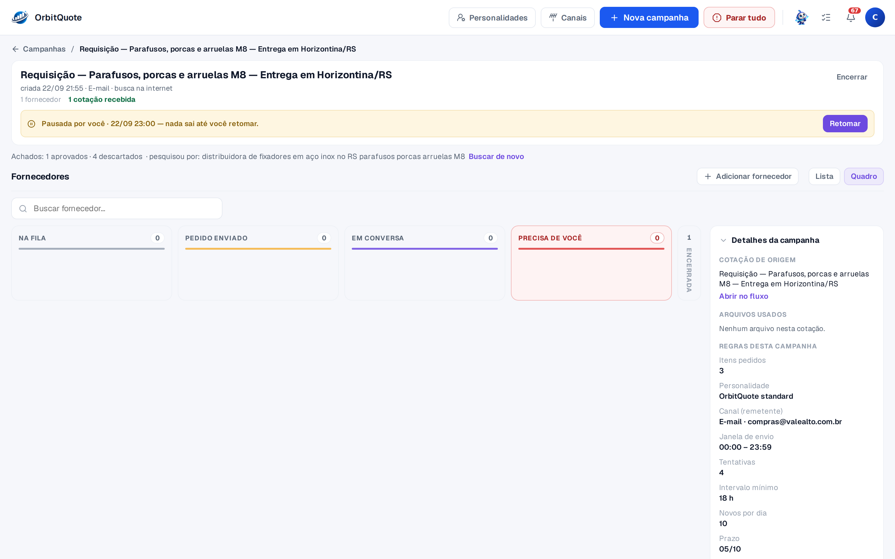 Paused campaign with the supplier board by stage and the details on the right: personality, sender, sending window, attempts, minimum interval, new per day and deadline