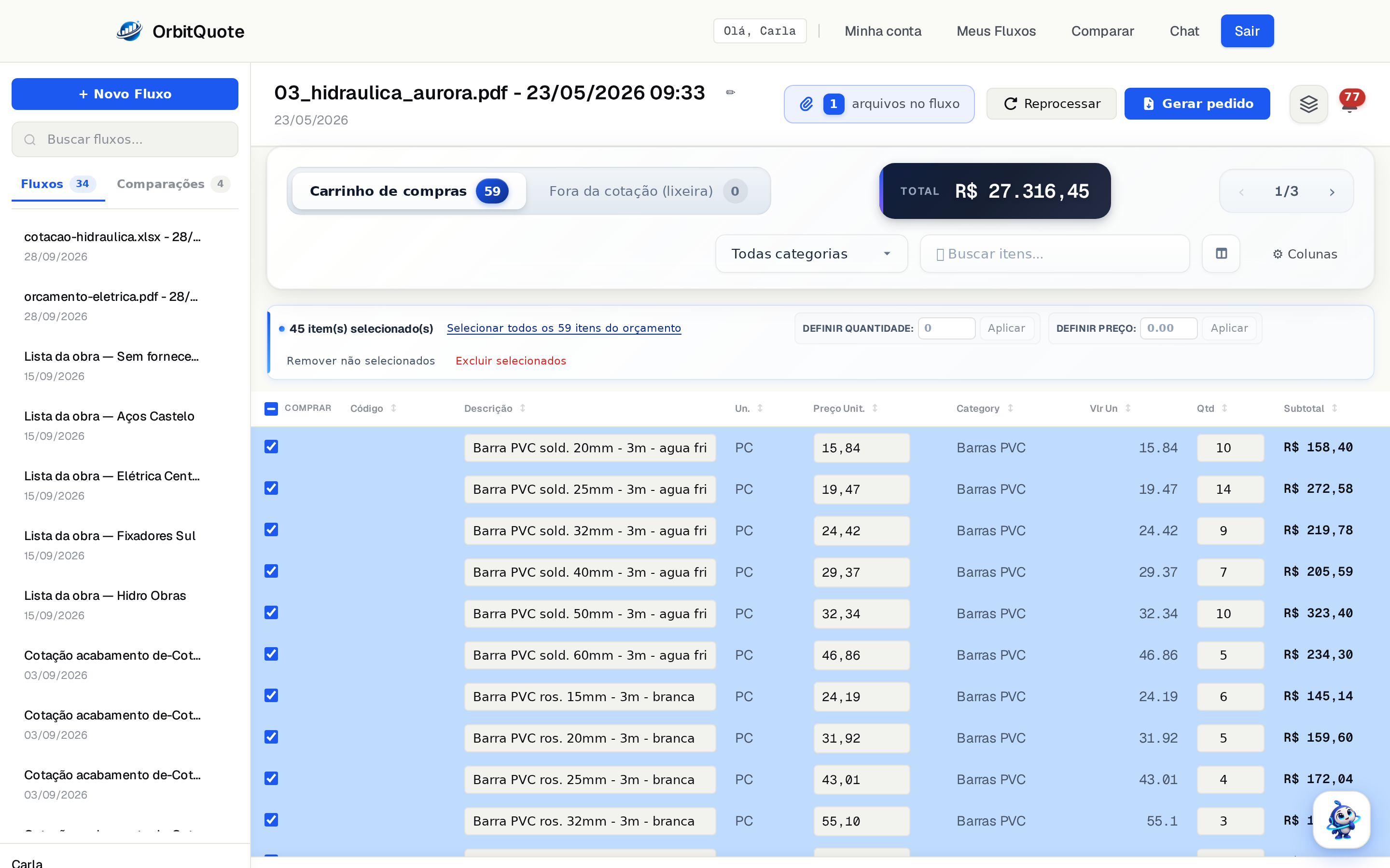 Flow of a PDF quote with 59 items read: description, unit, unit price, category, quantity and subtotal, and the quote total